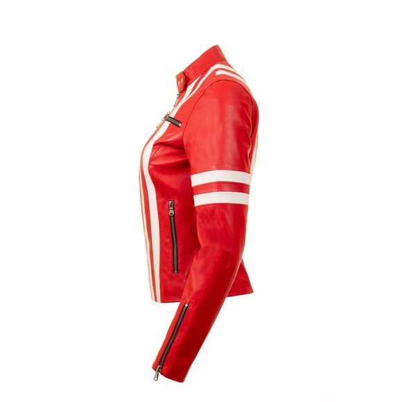 Designer Red Leather Racer Jacket - Picture 4 of 8
